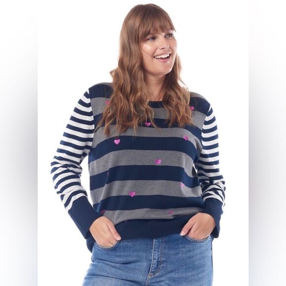 Lisa Todd Skip A Beat Multi-Stripe Cotton Cashmere Sweater w/ Embroidered Hearts - Picture 7 of 8
